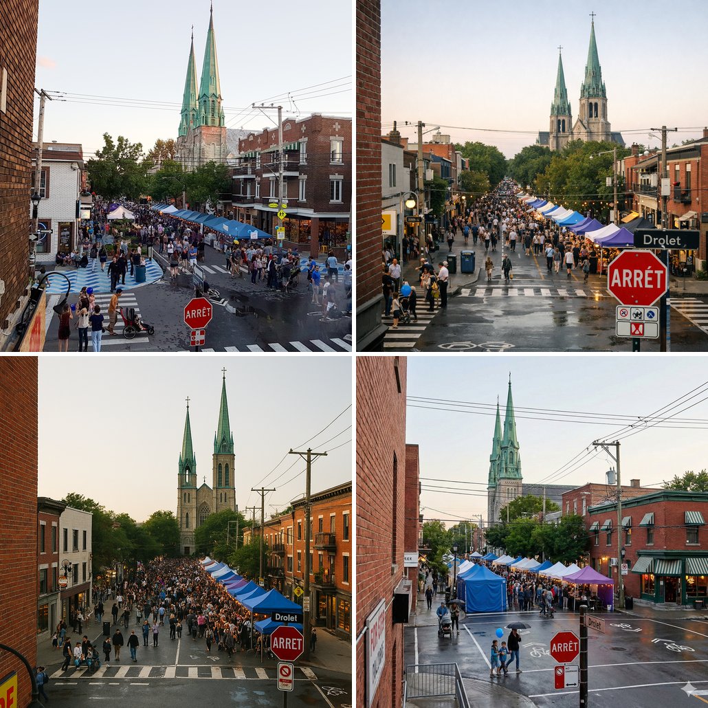 A Montreal street festival: one description (by ChatGPT), three generators rendered it