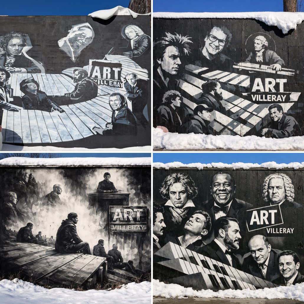 A Montreal street mural: three models described it, one generator (ChatGPT) rendered each description