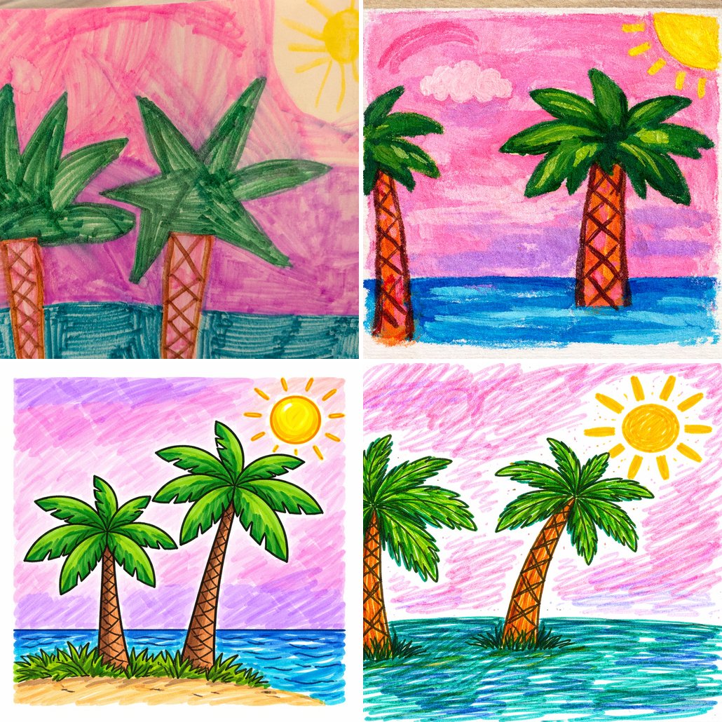 A child&rsquo;s palm tree drawing: three models described it, one generator (ChatGPT) rendered each description
