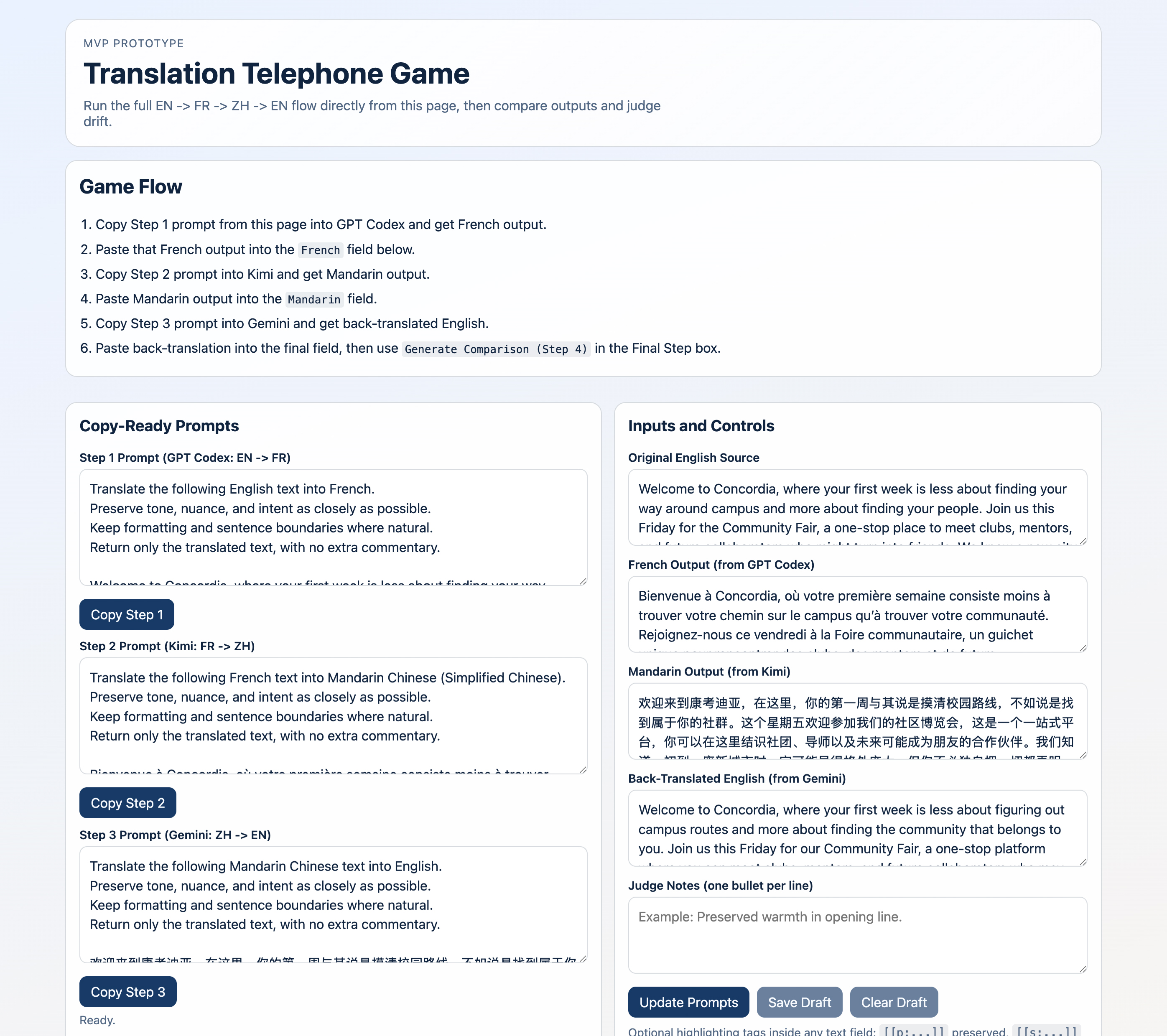 The Translation Telephone Game POC, which had real potential