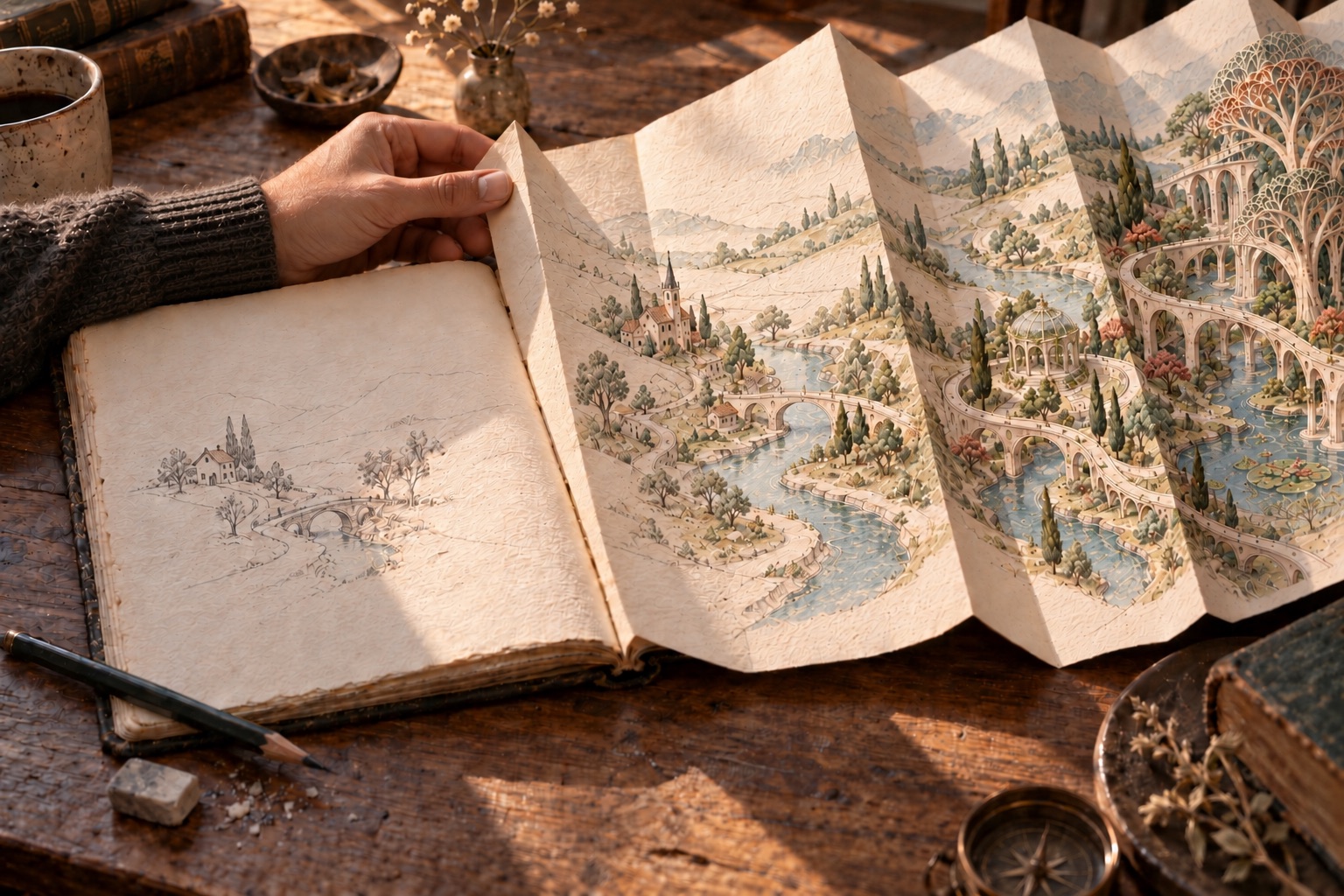 A hand unfolding a page from a notebook. A small pencil sketch of a house and a bridge opens into a long, detailed map of rivers, bridges, and gardens.